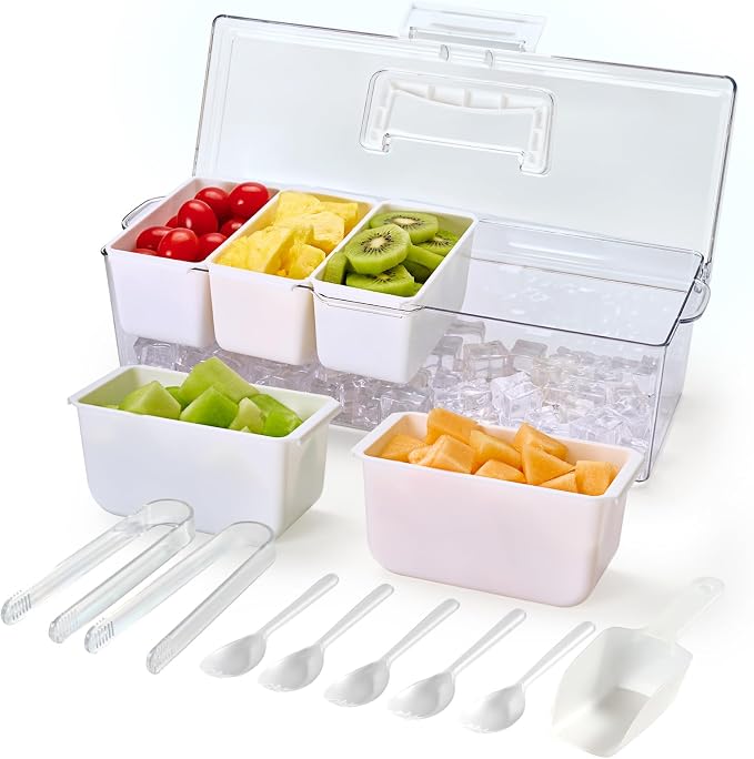 Chilled Condiment Caddy Server with 5 Removable Compartments Containers | Ice Chilled Condiment Tray Organizer, Hidden Handle Design, Garnish Tray Multi-Purpose for Camping, Kitchen, Fruit, Salad