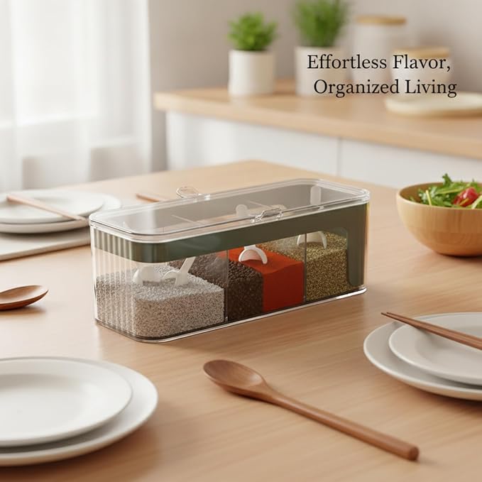 Fits Kitchen Countertops: 4-Section Spice Organizer, Durable PET Plastic Seasoning Caddy for Salt, Pepper, and Dry Herbs, Compact 13-Inch Storage Box