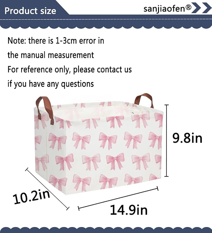 Sanjiaofeng Rectangular Kids Basket Pink Storage Bins,Girls Storage Baskets with Handles.Clothers,Toys,Books,Kid's Gifts Storage. (Pink Bowknot)