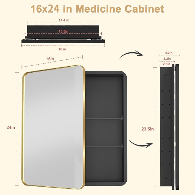 16x24 in Brushed Gold Medicine Cabinet with Mirror for Bathroom, Gold