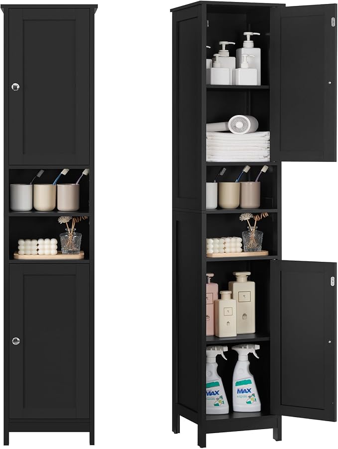 TEENFON 67" Tall Bathroom Cabinet with Adjustable Shelves and Doors | Narrow Bathroom Storage Cabinet for Small Space, Living Room, Entryway, Kitchen, Black