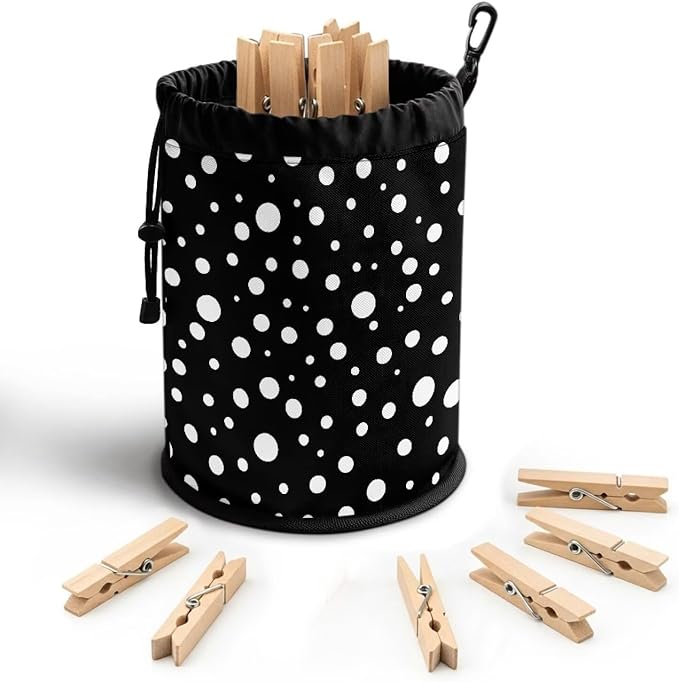 Large Capacity Clothespin Bag with Hanging Hook White Polka Dot Waterproof Clothes Pin Hanging Bag Clothespin Storage Organizer with Large Opening