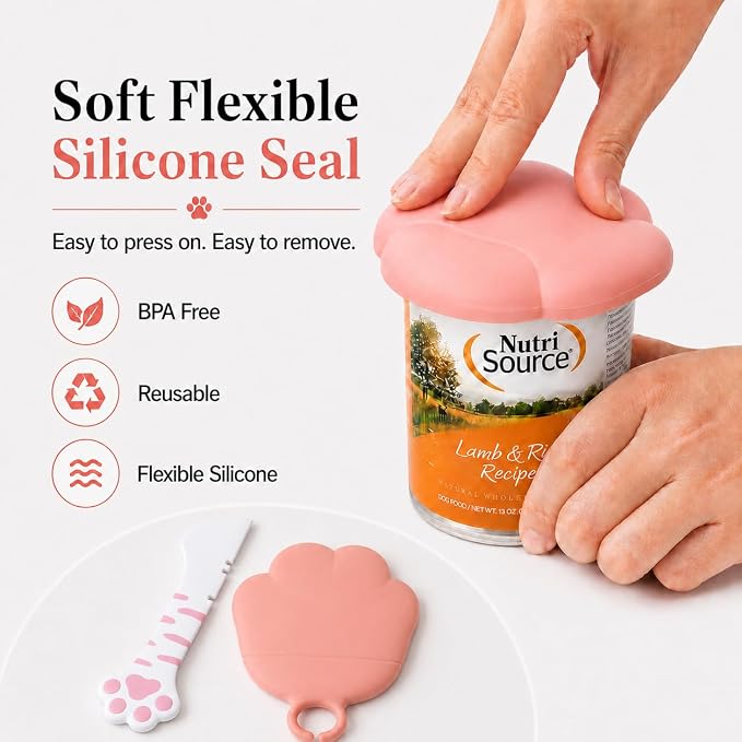 Meow&Woof Cat Food Can Lids and Spoon, Silicone Pet Food Can Covers for 3 oz, 5.5 oz, 12 oz & 13 oz Cans, Reusable Wet Food Storage Lid with Scraper Spoon for Cats and Dogs (Pink & White)