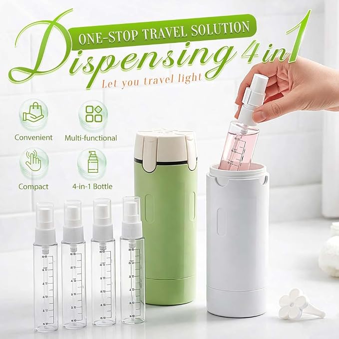 4 in 1 Travel Dispenser, 4 Pack 30ML Travel Bottles for Toiletries, Leak Proof Travel Size Containers, Portable Containers for Shampoo Lotion Conditioner Cream (Green)