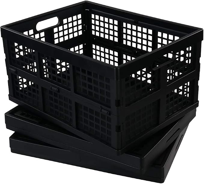 Morcte 34 L Plastic Rectangular Collapsible Crates, Pack for 3, Black | Folding Crates Storage, Space Saving, Stackable, Sturdy Build, Ideal For Groceries, Tools & Household Items