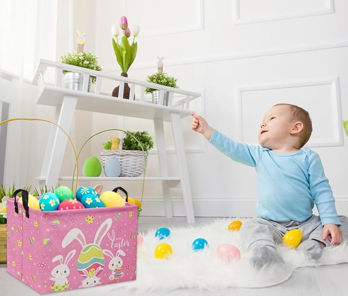 Rectangular Easter Baskets Gift Basket Empty Pink Bunny Kids Storage Bin Baby Boy Basket Kids Toy Storage Bin Organizer Box Easter Room Decor for Home(Pink Easter)