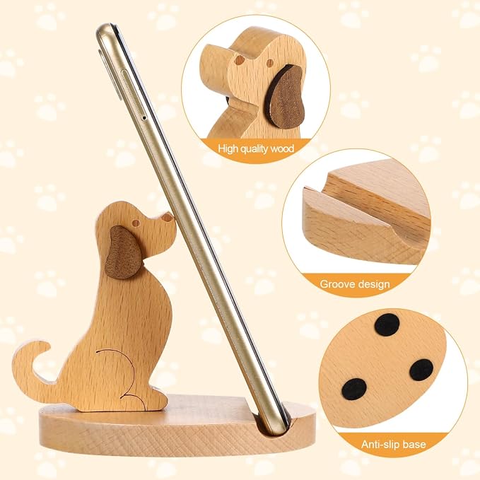 Didiseaon Wooden Dog Cell Phone Holder Cute Puppy Shape Smartphone Stand Tablet Dock Hands Free Mount Office Desk House Decor Accessory Chocolate Beech Wood Funny Creature Desktop Display 3.81 Inches