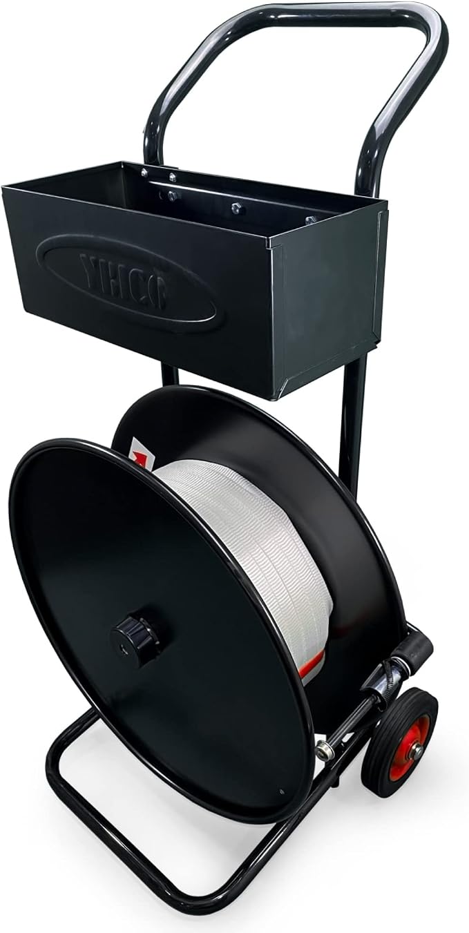 IDL Packaging Strapping Cart & Dispenser for Cord Strapping (16" x 3" Core) | CA-248 for Woven Cord Coils - Durable Steel Tube Frame and Rubber Wheels - Built-In Tray for Cutter, Buckles, & Gloves