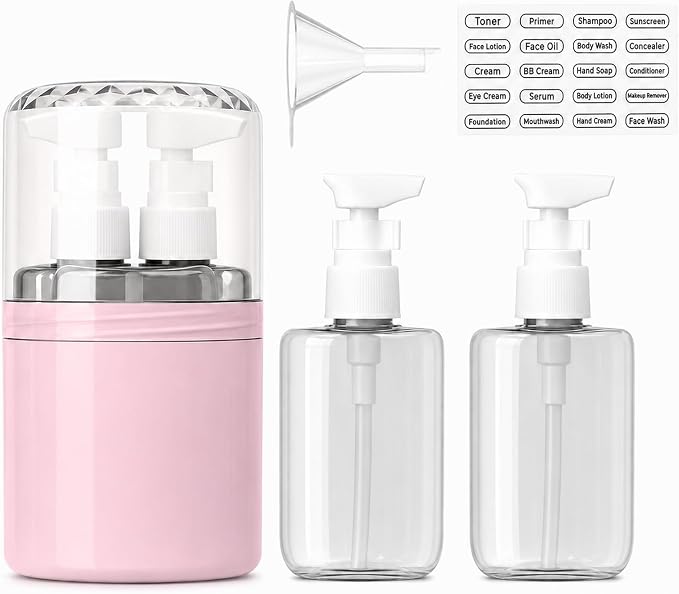 2-in-1 Travel Dispenser with 2 x 100 mL Bottles, Pink | 2 refillable 100 mL bottles, pump , included label stickers, compact design for toiletries, travel, gym