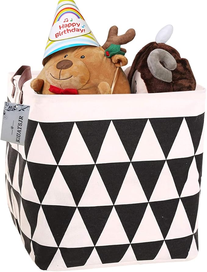 Square Canvas Toy Storage Bins Basket with Handle Collapsible Toy Organizer for Nursery Storage, Kid's Toy & Laundry, Gift Basket (Black Triangle)