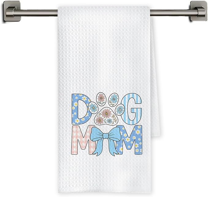 Chicimln Blue Bow Dog Mom Kitchen Towels, Dog Mom Gifts for Women Decorative Hand Towels for Bathroom, Dogs Lover Gifts Dish Tea Towel Drying Cloth for Kitchen Decor, 16x24 Inch