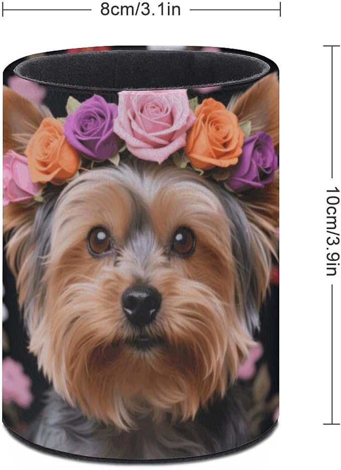 PU Leather Yorkie Floral Pen Holder Desk Stationery Organizer Remote Control Container Caddy Multifunctional Makeup Brush Storage Box Desktop Decor for Office Home