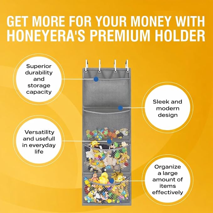 Honeyera Storage for Stuffed Animal - Over Door Organizer for Stuffies, Baby Accessories, and Toy Plush/Easy Installation with Breathable Hanging Pockets (Gray)