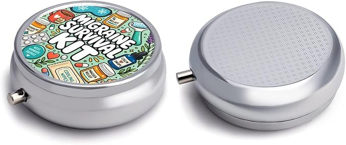 Colorful Migraine Survival Kit Illustration Round Pill Box with 3 Compartments, Portable Travel Pill Organizer with Spring Snap Closure for Vitamins Supplements Fish Oil