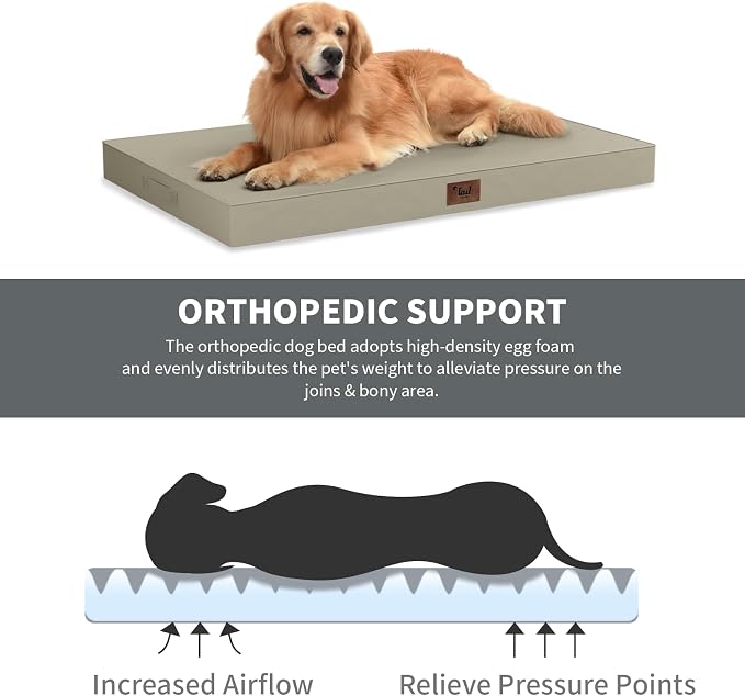 Outdoor Waterproof Orthopedic Dog Bed for Large Dogs | Egg Crate Foam for Joint Support, TPU Waterproof Layer, Machine Washable 1680D Oxford Cover, 36 x 27 Inch, Up to 65 lbs