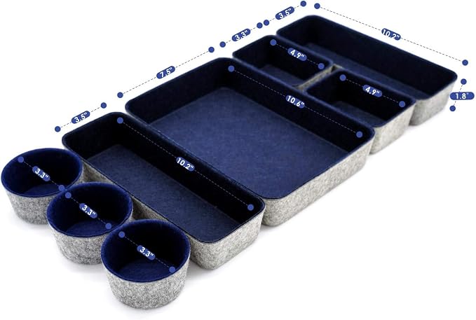 Welaxy 8pc office desk drawer organizer tray felt Storage bins Shallow Navy