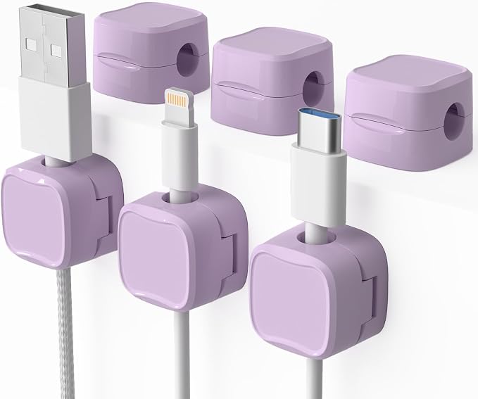 6 Pack Magnetic Cord Organizer & Cable Clips - Adjustable Under Desk Cable Management, Adhesive Wire Holder for Home, Office, Phone, Car, Wall, and Nightstand (Violet)
