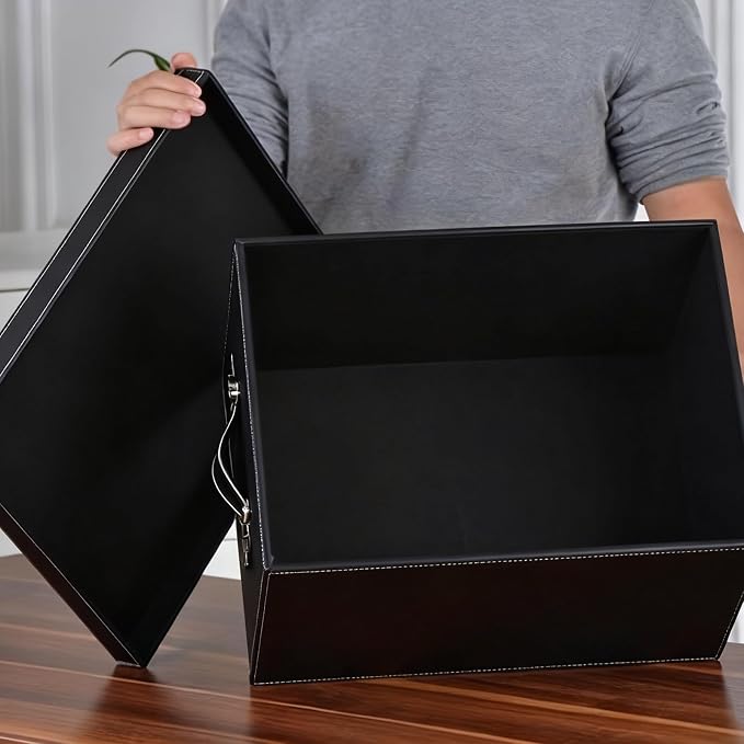 Premium Leather Storage box With lid Reinforced Handle Stackable Multi Purpose Organizer for Home Office Garage Camping Dorm pet Supplies Outdoor Storage Cabinet(Black,30cm/12in)