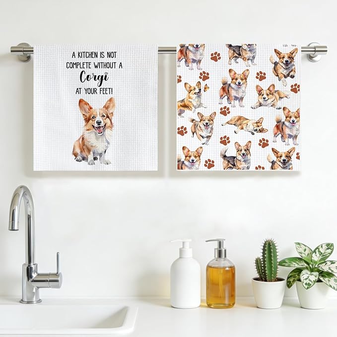 Corgi Waffle Weave Kitchen Towels, Quick Dry Multipurpose Hand Towels for Bathroom, Absorbent Reusable Cloth Tea Dish Towels for Home Decor, Dog Lover Gift Towel Set of 2