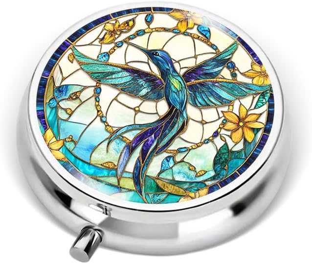 Portable Round 3 Compartment Metal Pill Box Bohemian Translucent Hummingbird Dream Catcher Ideal for Travel Daily Medication Organization or As a Thoughtful Gift for Friends