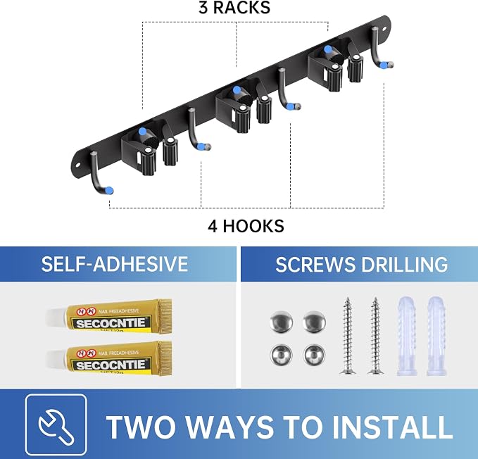 ZONGOOL 2 Pack Mop Broom Holder Wall Mount 3 Racks 4 Hooks Storage Black | 304 Rustproof Stainless Steel Broom Hanger, Non-Slip Wall Mount Organizer, Space Saving For Kitchen, Laundry, Garden
