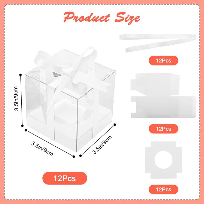 12 PCS Clear Cupcake Boxes 3.5 Inch Cupcake Containers (White) | Disposable Cupcake Carrier Plastic Individual Cupcake Storage Holder with Ribbons and Inserts for Wedding, Birthday Party