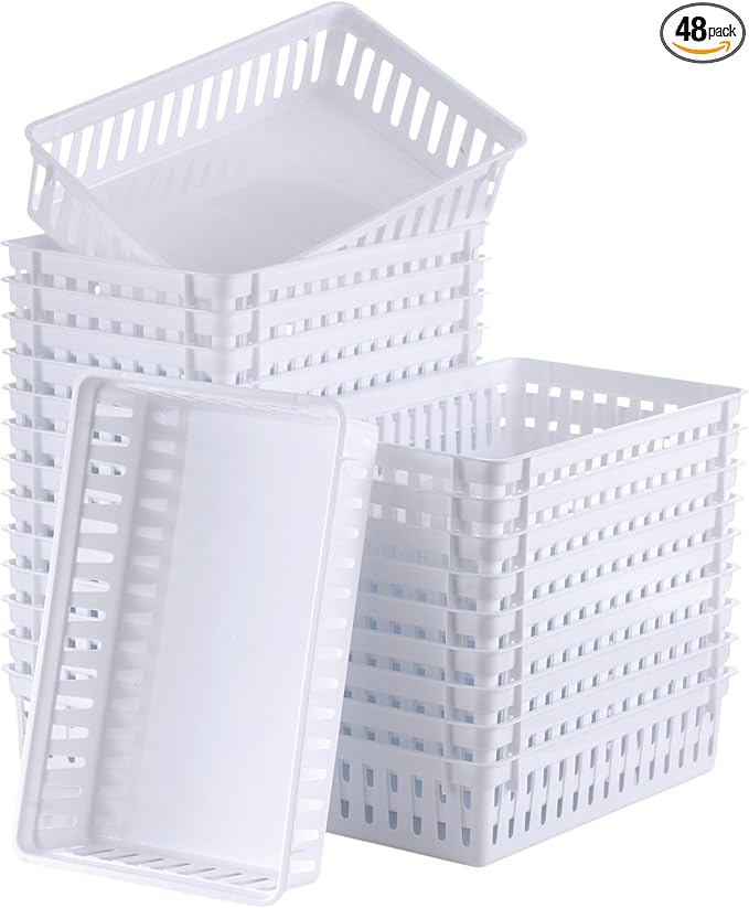 Boao 48 Pieces Plastic Baskets for Organizing 10.24 x 6.5 x 2.36 Inch Rectangular Storage Trays Plastic Organizer Bins Rectangle for Classroom Organization(White)
