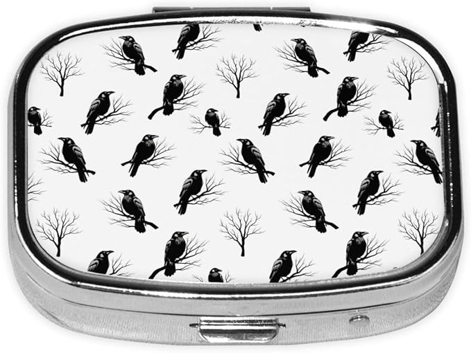 Purse Pill Container Slim Vitamin Organizer Credit-Card Sized Women’s Daily Essential, Tree Branch Black Crow Raven Bird