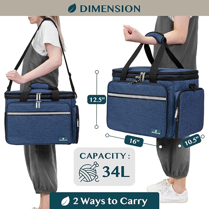 PAVILIA Knitting Bag Yarn Storage Tote, Large Crochet Organizer Bag, Yarn Storage Holder for Crocheting Knitter, Knitting Project Bag, Crochet Accessories Set, Gifts For Crochet Lovers, Heather Navy