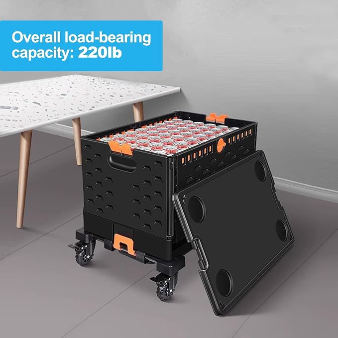 Foldable Utility Cart Collapsible Crate Rolling Carts with Wheels, Hand Truck Storage Box with Telescoping Handle, Folding Shopping cart with Wheels for Office Shopping Camping Travel Moving