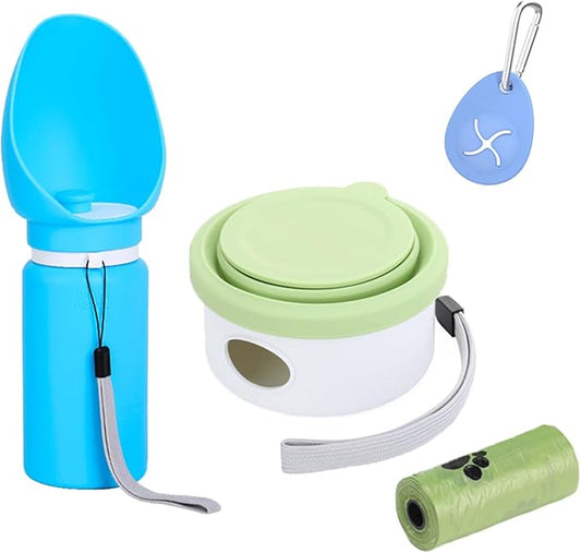 LINMENGSHUComplete 4Pcs Dog Outdoor Travel Set, Portable Leak-Proof Dog Water Dispenser, Pull-Type Poop Bag Holder Container with Refill Bags & Portable Carabiner for Walking Hiking