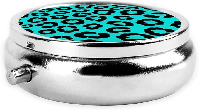 Compact Pill Container, Round Mini Box with Mirror, Travel Organizer for Supplements, Pocket Purse Holder for Daily Routine, Cheetah Blue and Black Leopard Print