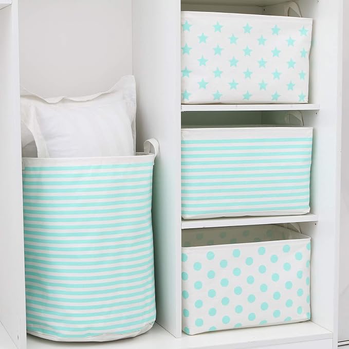 Sea Team Large Canvas Laundry Basket with Handles, Mint Stripes | Collapsible Fabric Laundry Hamper, Closet Shelf Organizers, Containers for Clothing, Blankets, Toys, Bedding, 19.7 x 15.7”