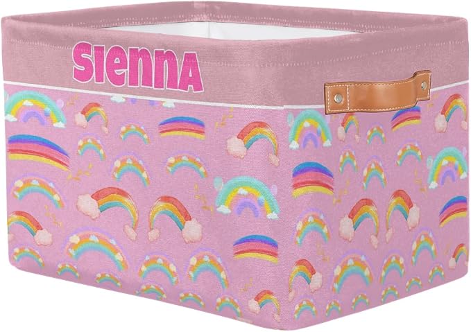 Personalized Kids Toy Box Name, Custom Nursery Baskets Cubes Box, Girls Custom Storage Basket Laundry Baskets Organizer with Handles, Painted Colorful Rainbow with Cloud Pink Background