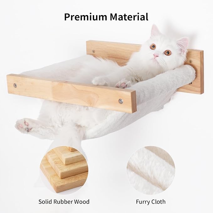 FUKUMARU Wall Mounted Cat Hammock | Wooden Kitty Beds and Perches Stable Cats Shelves For Sleeping, Playing, Climbing, Lounging