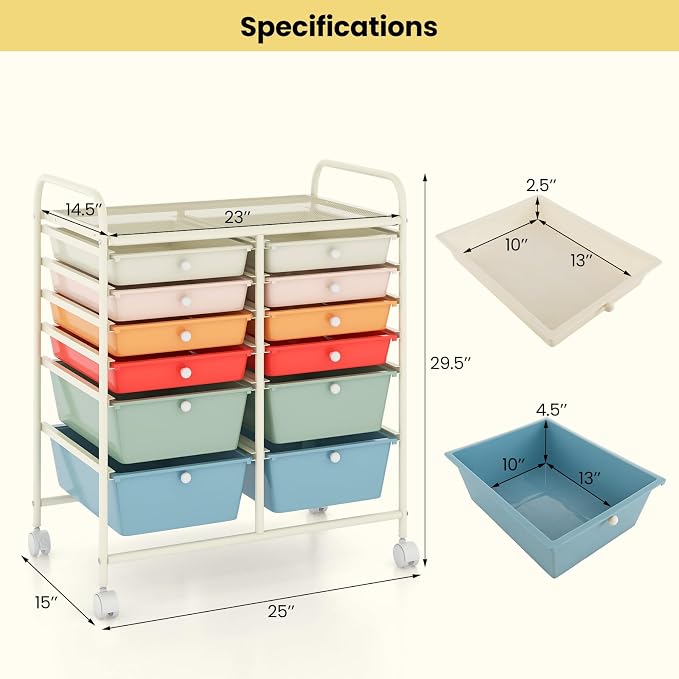 12 Drawer Rolling Storage Cart, Art Cart Organizer on Wheels, Mobile Utility Cart with Drawers, Multipurpose Craft Drawers for Home Office School Classroom (Macaron)