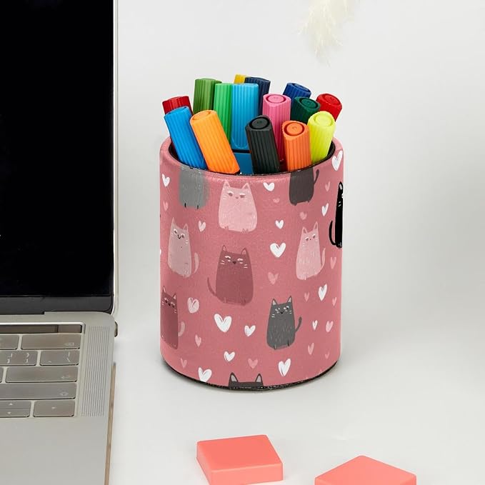 Faux Leather Pen Holder for Desk, Pencil Organizer Funny Cats Pen Cup Desk Decor Makeup Brush Holder Storage for Office Home