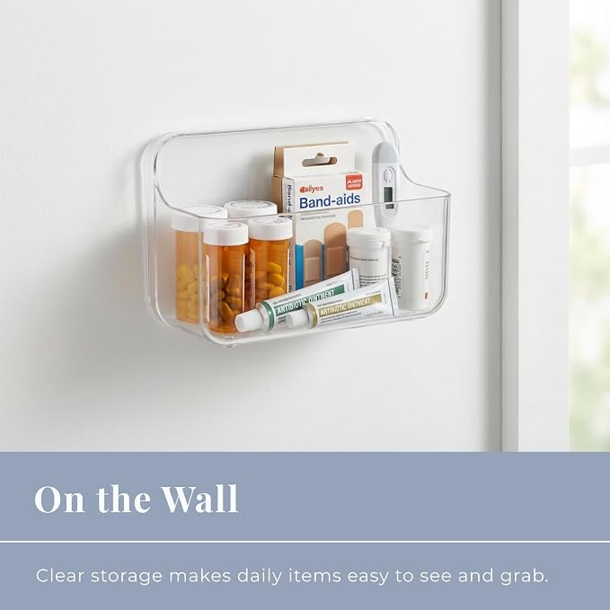 Adhesive Wall Organizer Bin, No-Drill, Clear, 7.1 x 3.15 x 4.75 in | BPA-Free PET, Built-In Drain Holes, Detachable, Easy-Reach Storage for Small Items Like Phones, Remotes, or Sponges