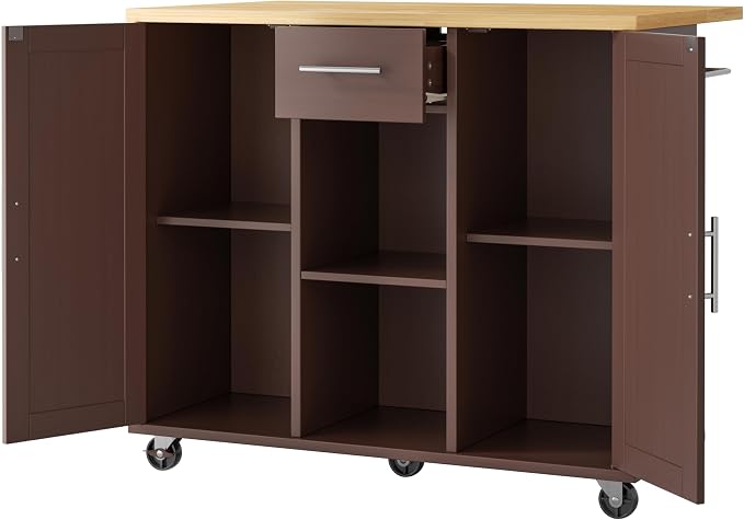 JY QAQA 42" Kitchen Island with Storage on Wheels, Rolling Table with Drop Leaf, Drawers, Cart Handle for Towel Rack or Free Movement, Brown
