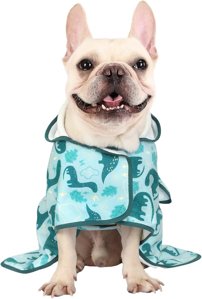 HDE Dog Bathrobe Super Absorbent Quick Drying Puppy Towel Wrap Coat Adjustable After Bath Robes with Hood for Dog Sizes S-XXL Dinosaurs M