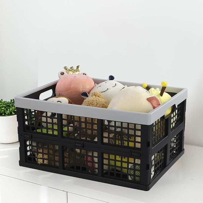 34-Liter Collapsible Milk Crates, Stackable Storage Basket, Set of 4 | Folding Crate for Oraganizing, Black & Grey
