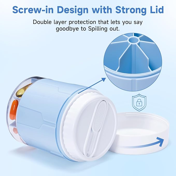 Daviky Pill Bottle Organizer, 7 Large Compartments, Travel Pill Dispenser | Seven large compartments organize daily pills, vitamins and supplements, with dual lids for convenient storage and travel