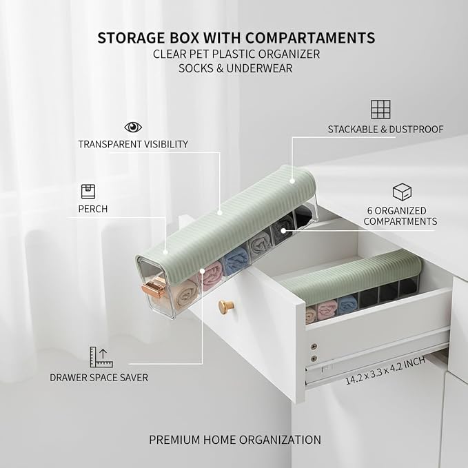Clear PET Plastic Storage Box with Dividers, Stackable Organizer for Socks & Underwear, Wall-Mountable Drawer Bin for Closet & Bathroom (1 Pack)