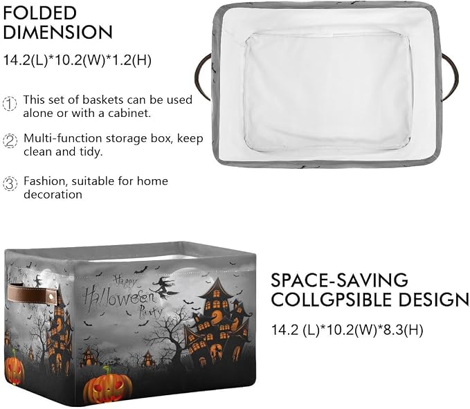 Halloween Spooky Witch Castle Storage Basket Fabric Kitchen Baskets Black Bat Ghost Pumpkin Open Home Storage Bins Boxes Foldable for Candy Toy Decorations Baskets 2 Pack 16×12×8 Inches