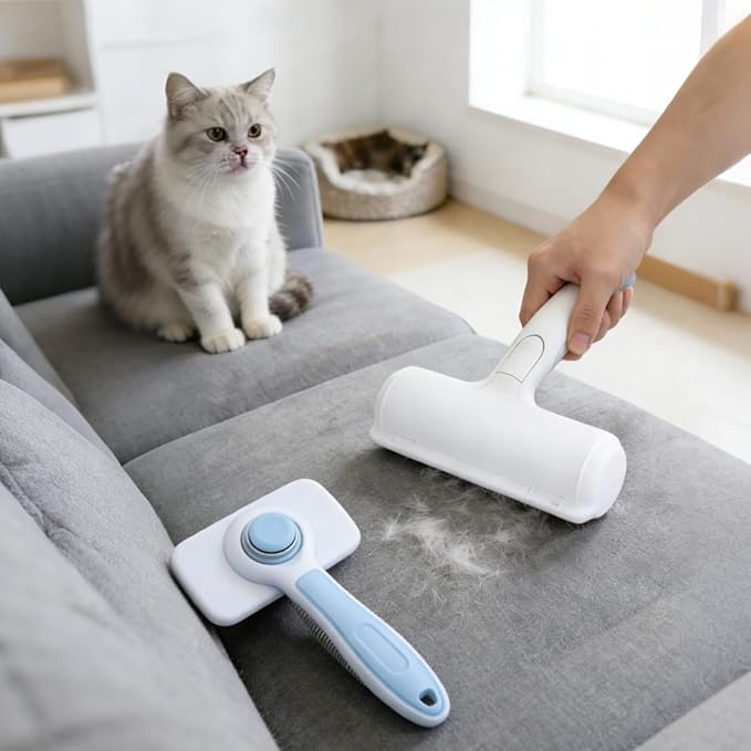 Pet Hair Remover Tool 2 Pack - Pet Hair Brush + Reusable Lint Roller, for Long/Short Hair Indoor Cats & Dogs Shedding, Pet Fur Remover for Furniture, Car, Couch, Bedding
