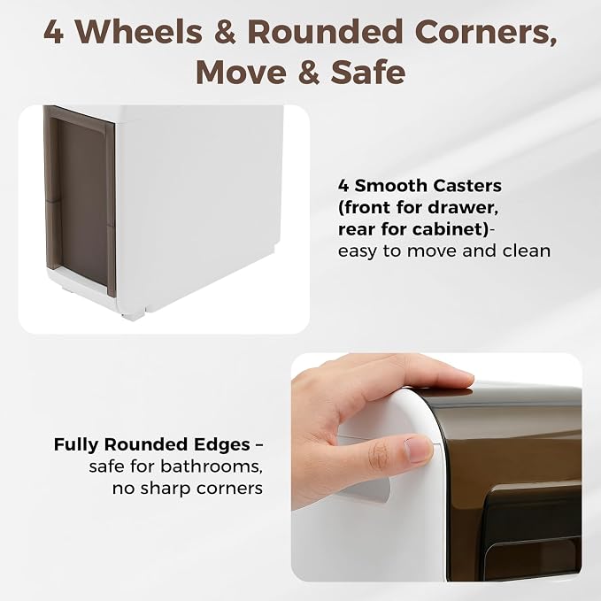 Slim Bathroom Storage Cabinet with Trash Can, Narrow Movable Waterproof Bathroom Floor Cabinet with Toilet Paper Holder for Bathrooms Toilet (15.1 * 6.9 * 25.2in)
