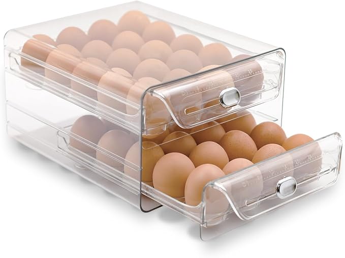 2 Tier Egg Holder for Refrigerator, 40 Eggs Clear Drawer Organizer | Clear Stackable Holder Tray with Drawer for Fridge, Storage Container with Handles for Refrigerator, Countertop, Kitchen