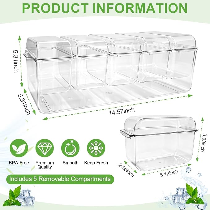 OBTANIM 16 Inch Ice Chilled Condiment Server Caddy Plastic Clear Food Storage Container Garnish Tray with Separate Lid and 5 Removable Compartments for Bar Party Fruit Salad