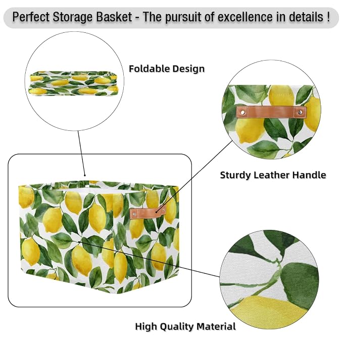 SEULIFE Watercolor Lemon Tree Leaves Foldable Storage Basket, Large Collapsible Organizer Storage Bin Cube Toys Storage Boxes with Handles for Bathroom Kids Nursery Closet Storage, 2 Pack