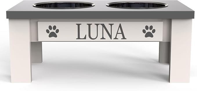 Personalized Dog Bowls Stand for Small Dogs, Wood Elevated Feeding Station | Farmhouse Style, Stainless Steel Dishwasher Safe Bowls, Raised Anti-Slip Feeder, Made in USA